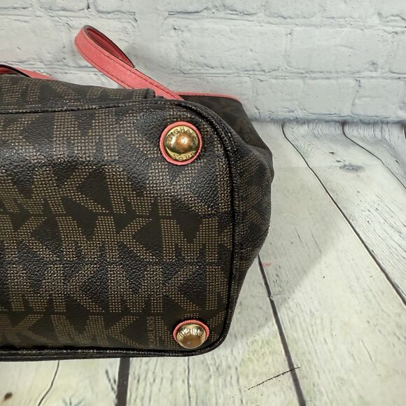 Michael Kors Tore Shoulder Bag Women Monogram MK logo Brown Pink Medium Jet Set - Picture 14 of 16
